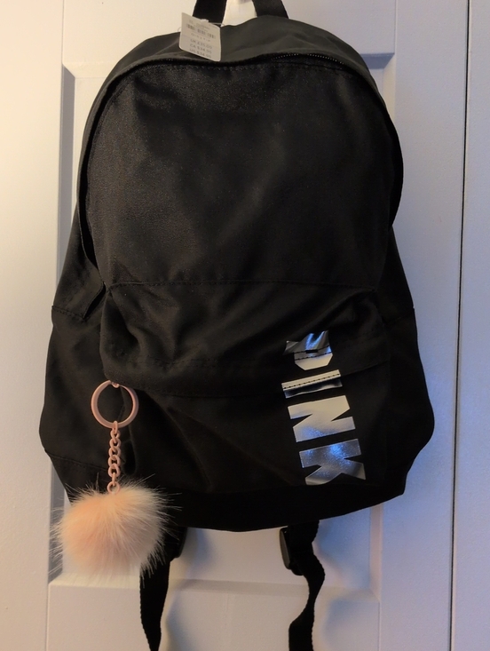 PINK Victoria's Secret Handbags - Pink Black Backpack with Pink Fur Pom Keychain